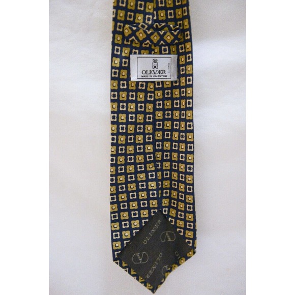 Mens Olivier in Valentino 100% silk Made in Italy tie printed navy gold squares - Picture 2 of 2